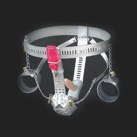 ceinture de chasteté pour homme en cuir menottes argent , gode anal, Vibromasseur anal intégré pour plus de plaisir