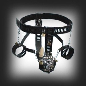 ceinture de chasteté pour homme en cuir menottes ,  Vibromasseur anal intégré pour plus de plaisir